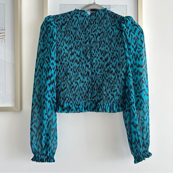 Aritzia Wilfred Lilith Animal Print Blouse Teal Blue Black S - Picture 5 of 10